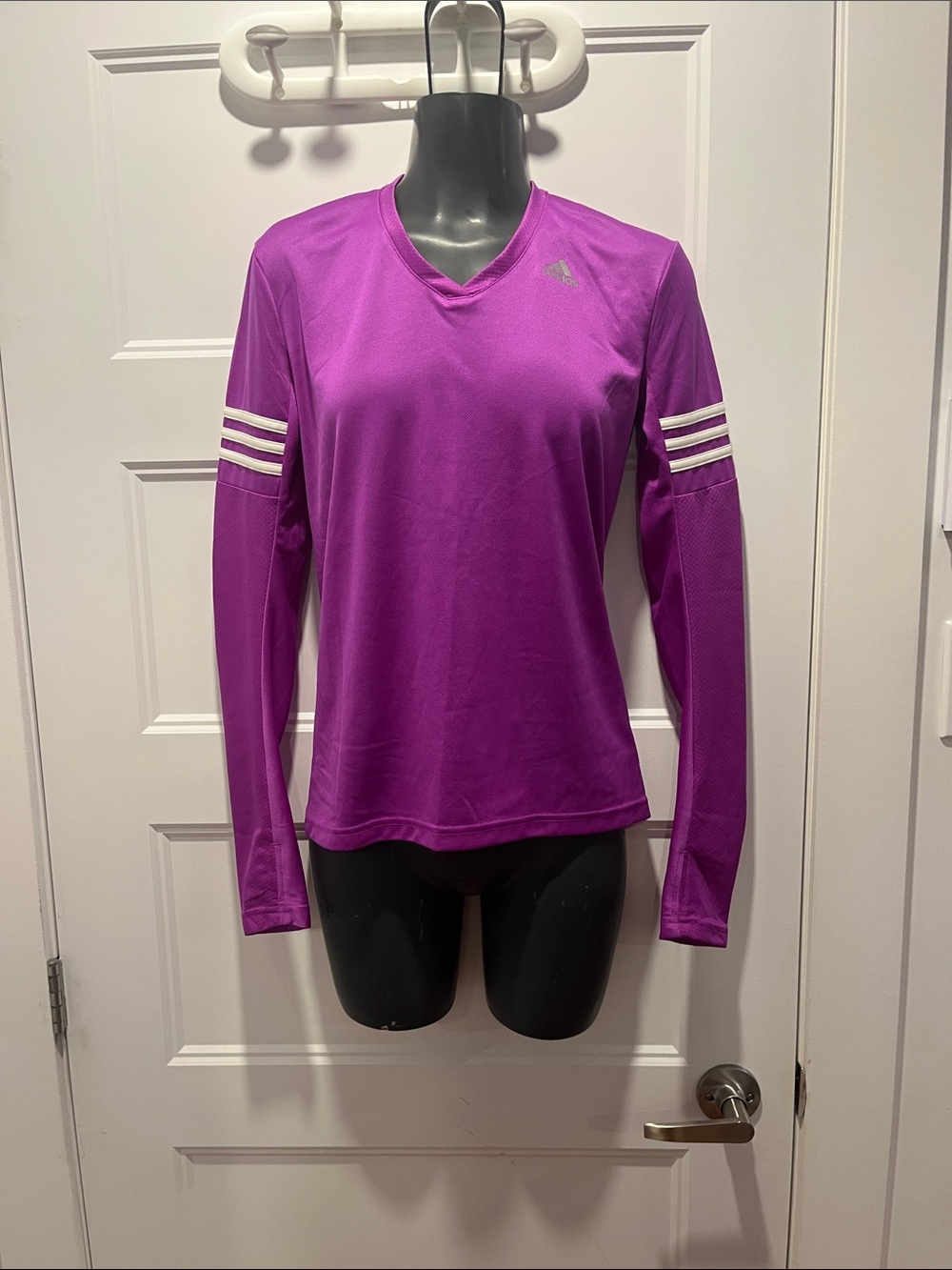 adidas Purple Long-Sleeve Athletic Tee with White Stripe Detail